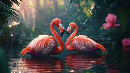 Two pink flamingos form a heart shape in a lush tropical lagoon birds love photo