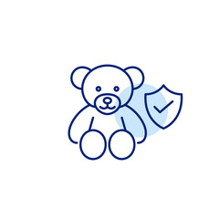 Verified child safety, trusted toy protection, secure playtime, approved children product. Toy bear, shield and checkmark. Pixel perfect, editable stroke vector icon