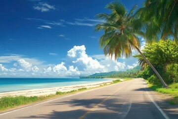 scenery view of tropical view with wide roads and coconut tree beside the beach