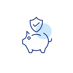 Verified financial security, trusted money protection, secure savings. Piggy bank, shield and checkmark. Pixel perfect, editable stroke vector icon