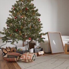 Christmas interior one frame, living room poster empty in home design new year, element mockup...