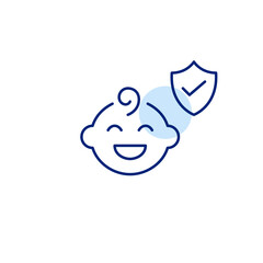 Infant baby, shield and checkmark. Verified child safety, trusted baby care, secure infant protection. Pixel perfect, editable stroke vector icon