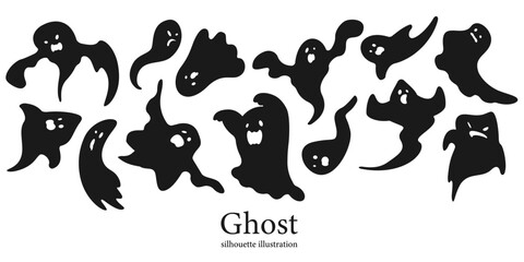 オバケのシルエットイラスト素材セット ベクター モノクロ ハロウィン ゴースト 白背景