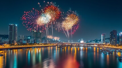Fototapeta premium City skyline at night with fireworks reflecting on the water cityscape photo