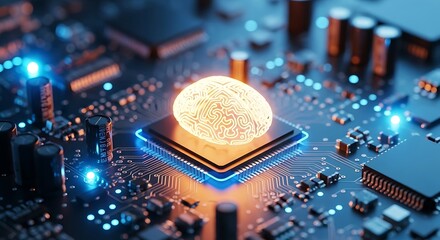 Digital fingerprint on a glowing computer chip, symbolizing biometric technology and artificial intelligence in modern computing