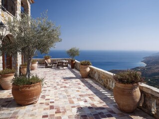 Obraz premium A balcony with a view of the ocean and a house. There are several potted plants on the balcony, including one with a tree in it