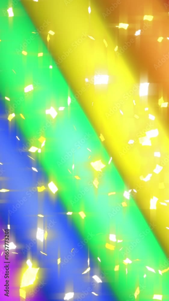 Poster animation of confetti over rainbow stripes and colours moving on seamless loop