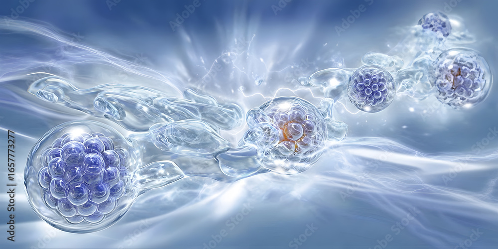 Poster abstract depiction of cellular structures with glowing spheres and fluid dynamics