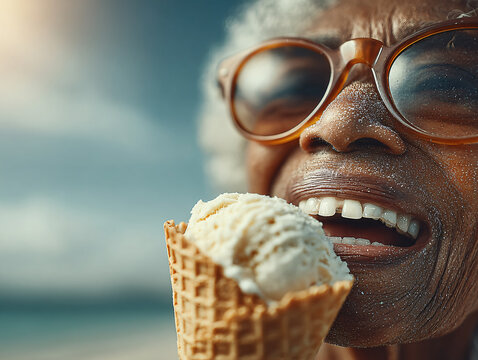 Elderly Woman Enjoys Ice Cream Cone Beach Vacation Summer Happiness Tasting Sweet Dessert Treats Sandy Relaxing Outdoor Joyful Experience Fun Carefree Lifestyle Tropical Indulgence Smiling Nature