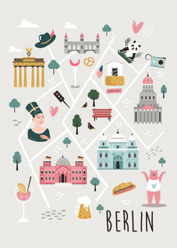 Illustrated map of Berlin with famous symbols, landmarks, buildings. Vector design for tourist books, posters, placards, leaflets, books, souvenirs.