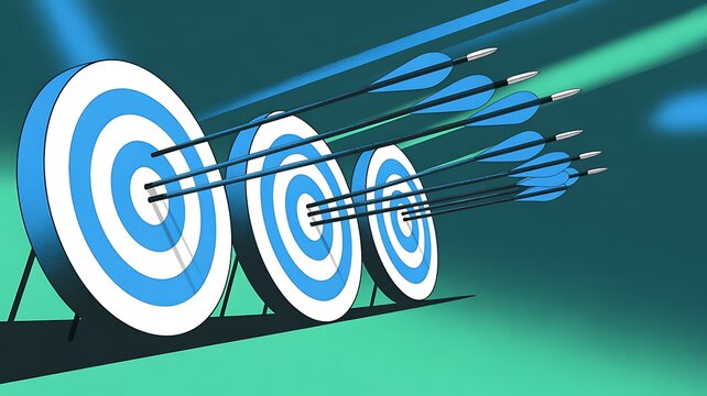 Multiple Arrows Hitting Bullseye Target Successfully Achieving Goals and Objectives with Precision and Accuracy in Strategy Illustration