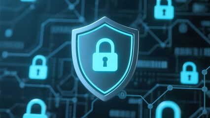 Cybersecurity concept: glowing blue padlock icon inside a metallic shield, digital network background with circuit board pattern, data protection and online security theme