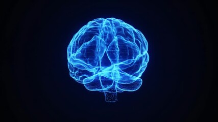 Glowing, blue, wireframe brain on black - Powered by Adobe