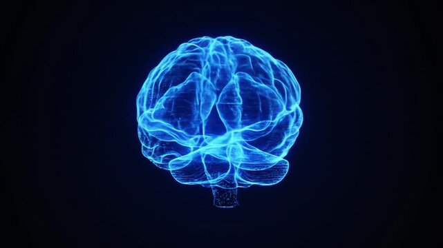 Glowing, blue, wireframe brain on black
