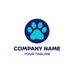 A stylized blue circular logo featuring a bright teal paw print, accompanied by placeholder text for 