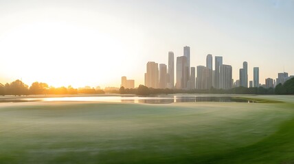 Serene Cityscape at Sunrise with Golf Course Green Lush Meadow and Reflections on Calm Water Surface Under Soft Morning Light