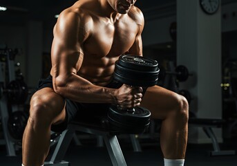 Obraz na płótnie Canvas Strong athletic man exercising in the sport gym, workout exercise training in fitness for body strong and fit, bodybuilding and healthy lifestyle people