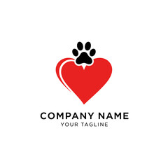 A logo design featuring a red heart shape with a paw print above it, representing animal care.