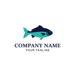 A stylized fish logo template in two shades of blue, with placeholder text for a company name and tagline.