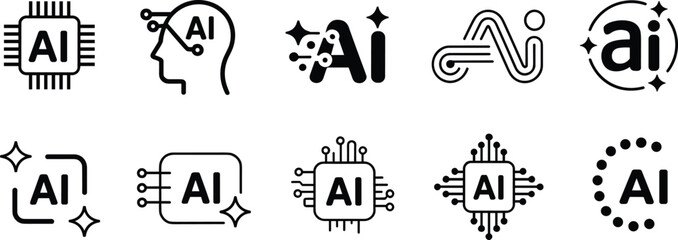 Artificial Intelligence Icon Set – Modern AI Chip and Brain Line Art Symbols for Technology, Innovation, Digital Computing, and Tech Branding Designs