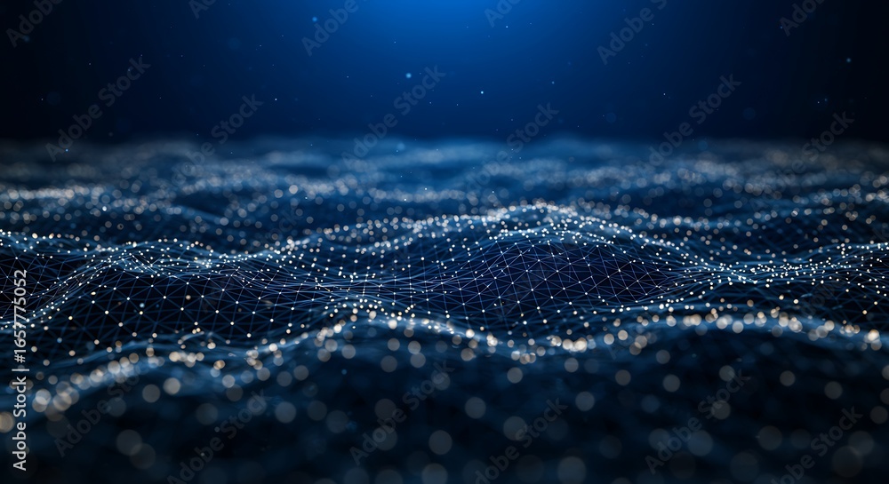 Aufkleber abstract blue digital network wave background with glowing dots and lines