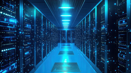 A long corridor filled with server racks illuminated by blue lights in a data center environment