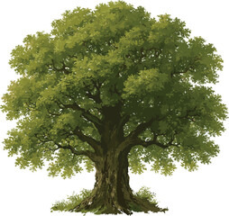 Large Oak Tree Illustration – Realistic Green Tree with Thick Trunk and Dense Foliage for Nature, Forest, Landscape, and Botanical Art Projects