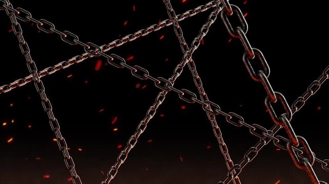 Dark fiery chains flying and rotating with sparks and flame flickering background for cinematic trailer or game intro animation