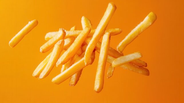 french fries being tossed in the air, orange background