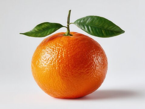 a shot of a perfect orange fruit with a single leaf on top, it has no texture and really smooth. highly textured and highly detailed, shot in studio, studio lighting, white background