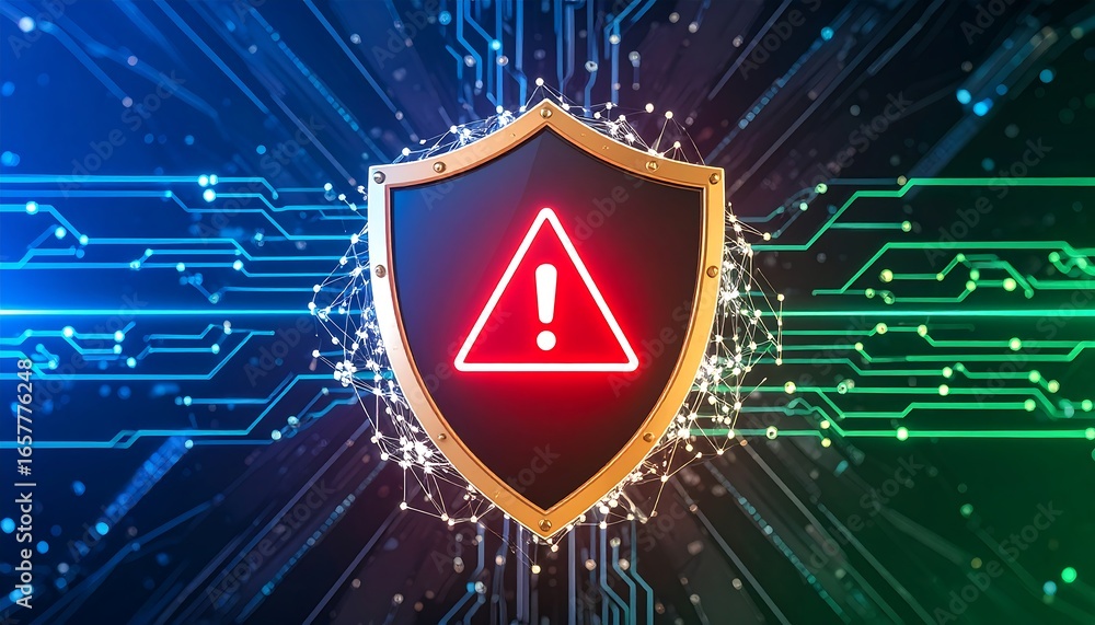 Poster a glowing red warning symbol adorns a digital shield, positioned against a backdrop of intricate cir
