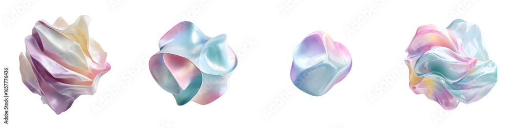 Poster abstract pastel shapes: 3d render of iridescent and soft geometric forms