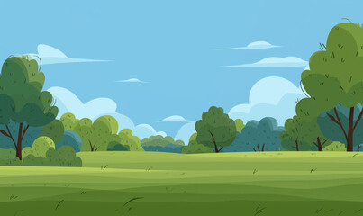 A cartoon landscape featuring a green field trees and a blue sky with fluffy white clouds above...