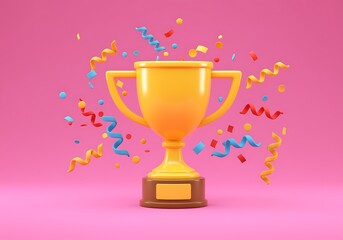 Golden Trophy Illustration with Colorful Confetti and Ribbons Celebrating a Win on Pink Background Presentation Backdrop