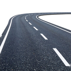 Curved asphalt road with clear white lane markings and a smooth surface, designed for vehicular traffic and safe navigation through turns