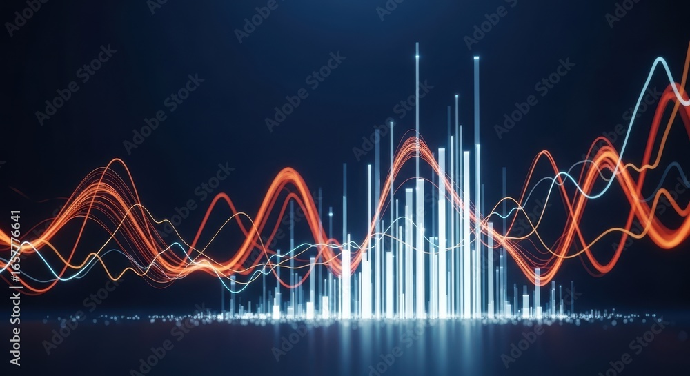 Poster vibrant abstract sound wave and bar graph visualization on dark background