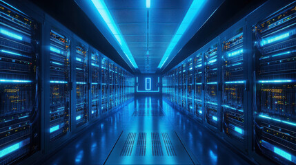 A bright blue server room with rows of server racks and glowing lights illuminating the long corridor