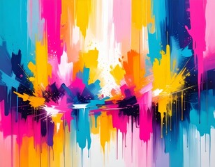 An energetic and vibrant abstract background featuring bold, vertical brush strokes and paint drips in a mix of pink, blue, yellow, and orange colors.
