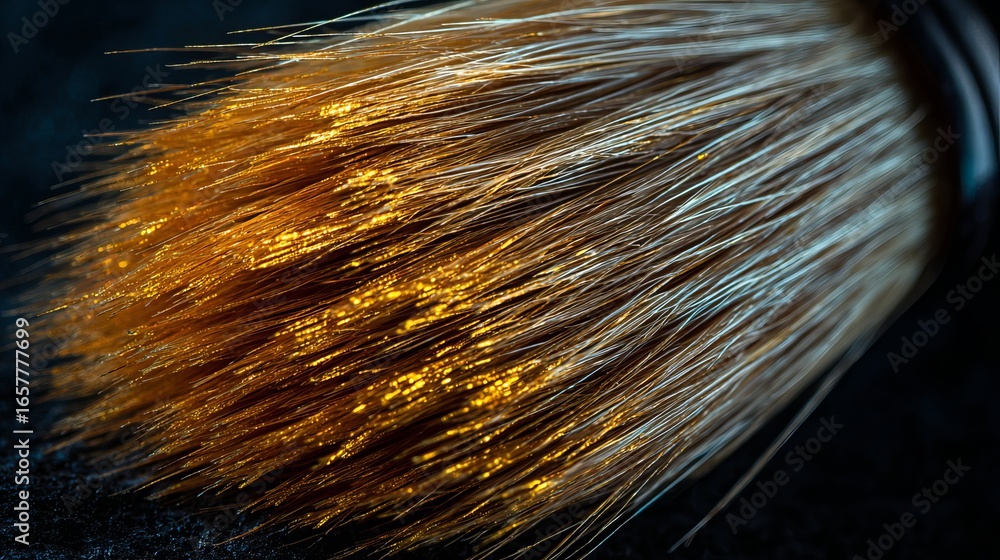 Poster golden light reflecting on brush bristles, creating a stunning abstract and textured design element