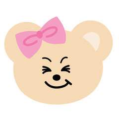 Illustration of happy teddy bear wearing pink bow for expression, animal print, cartoon character, comic, mascot, emoji, feelings, mood, cute patches, kid doll, plush toy, sticker, brooch, icon