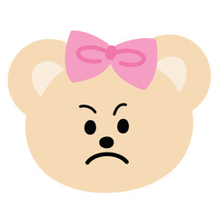 Illustration of angry teddy bear wearing pink bow for animal print, cartoon character, comic, expression, emoji, feelings, mood, cute patches, kid doll, plush toy, sticker, brooch, icon	
