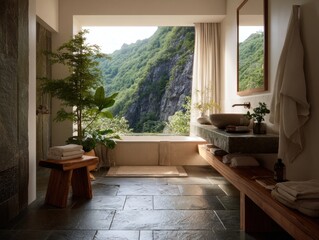 Fototapeta premium A bathroom with a large window overlooking a mountain. A wooden bench is in the room. A sink is on the right side of the room
