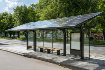 A modern bus stop featuring solar panels on its roof stands beside a tree-lined street. This structure provides shade and shelter to waiting passengers in a vibrant city area