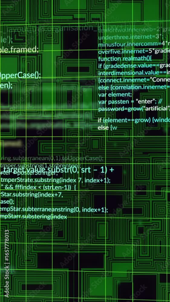 Poster animation of digital data processing over circuit board on black background