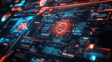 A futuristic interface with glowing blue and orange lines and a central circular element display