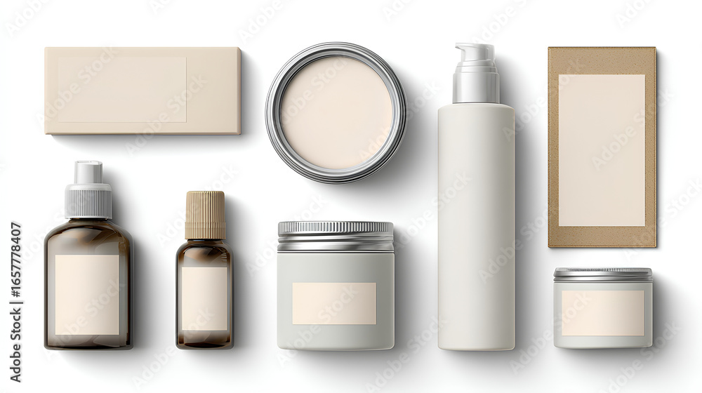 Poster open and closed makeup containers arranged in grid layout with blank labels and room for promotional