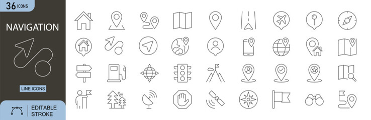 Navigation icons set. Includes icons for compass, map, GPS, route, location pin, arrow, waypoint, path, tracking, and directions. Editable stroke, line icons. Perfect for infographics, apps, and web .