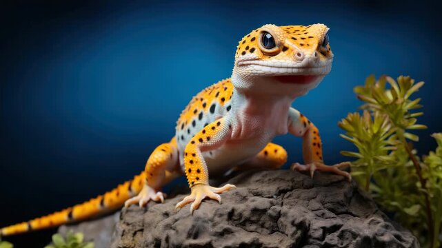 Close-up of a leopard gecko standing on a rock with green plants in the background
