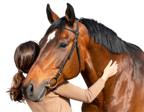 Young woman embracing her beautiful brown horse with affection and trust against a black background - Powered by Adobe