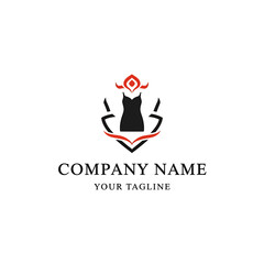 Elegant black dress logo design, crowned, red accents, company branding.